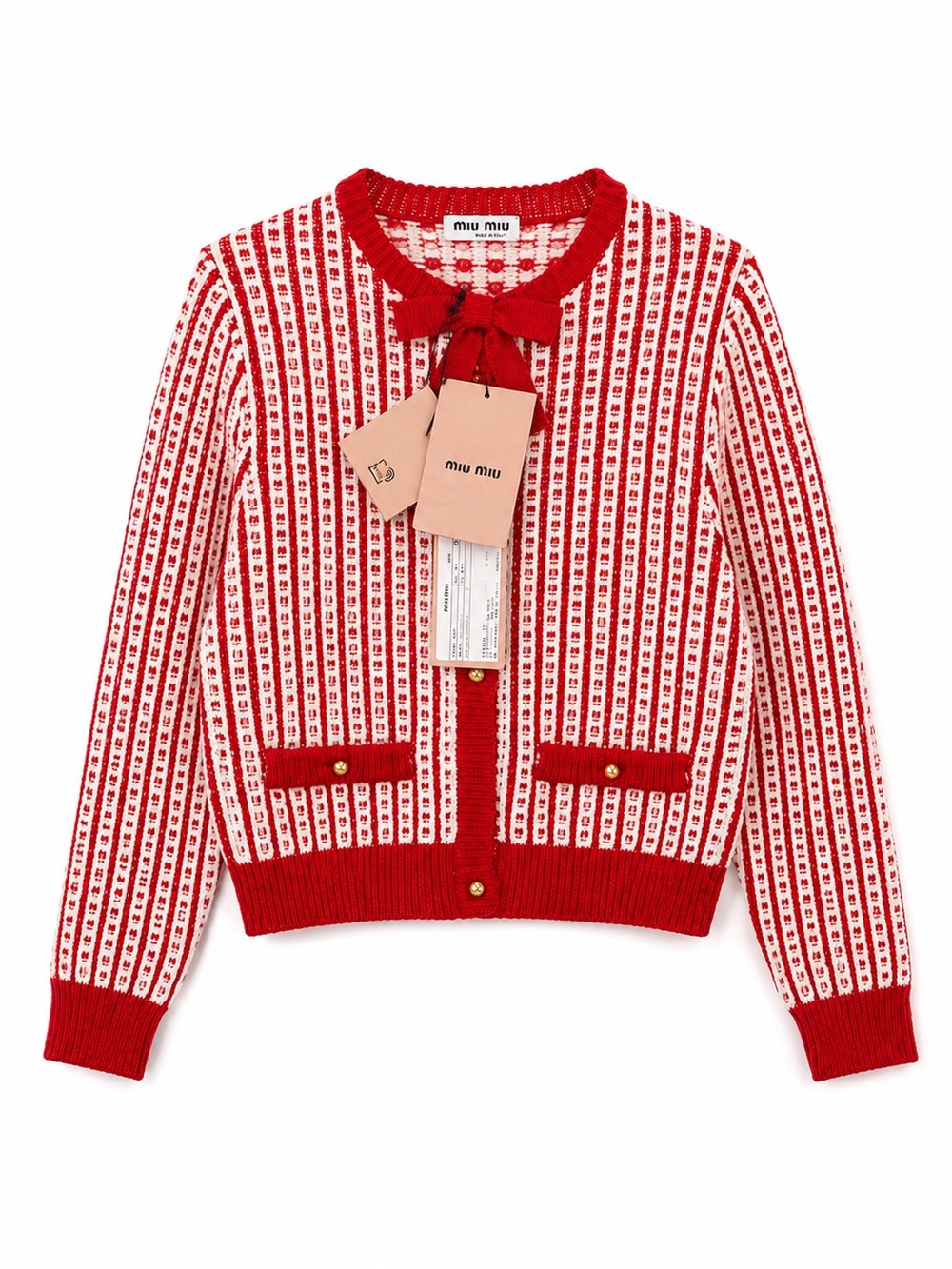 Miu Miu Red and White Bow-Neck Knit Cardigan